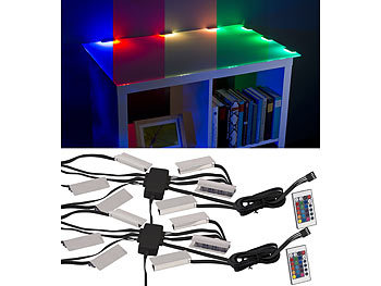 Clips Klammern Regalböden Standvitrinen Doppelvitrinen Dimmbare Dekorationen Indirekte Lichtfarben: Lunartec 2er-Set LED-Glasbodenbeleuchtungen: 12 Klammern mit 36 RGB-LEDs