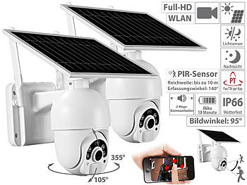 Camera Solar: 7links 2er-Set Pan-Tilt-Überwachungskameras, Full HD, WLAN, Akku, Solarpanel