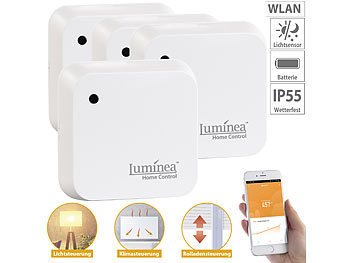 Lichtsensor WLAN: Luminea Home Control 4er-Set Wetterfeste WLAN-Licht- & Dämmerungs-Sensoren mit App, IP55