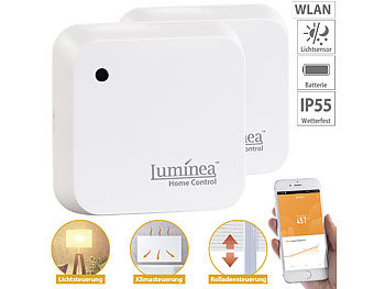 WLAN Lichtsensor: Luminea Home Control 2er-Set Wetterfeste WLAN-Licht- & Dämmerungs-Sensoren mit App, IP55