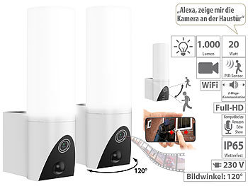 Aussenlampe mit Kamera: VisorTech 2er-Set LED-Außenwandleuchte & WLAN-2K-Kamera, PIR, App, weiß