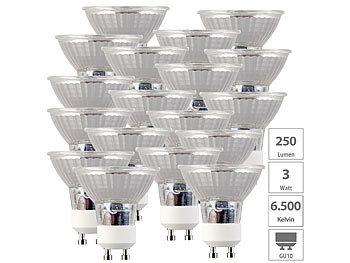 GU10 Leuchte: Luminea 18er-Set LED-Spotlights, Glasgehäuse, GU10, 3 W, 250 lm