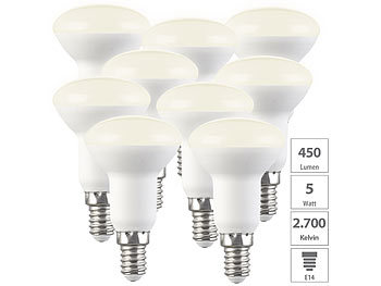 Reflektorlampe E14: Luminea 9er-Set LED-Reflektoren, R50, warmweiß, 450 lm, E14, 5W (ersetzt 40W)