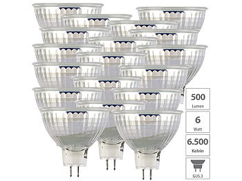 LED-Beleuchtung Gu5.3: Luminea 18er-Set LED-Spots, Glasgehäuse GU5.3, 6W, 500 lm, 6500K