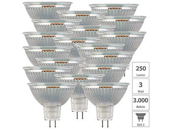 Gu5.3 LED-Lampen: Luminea 18er-Set LED-Glas-Spots, GU5.3, 3 W (ersetzt 25 W), tageslichtweiß