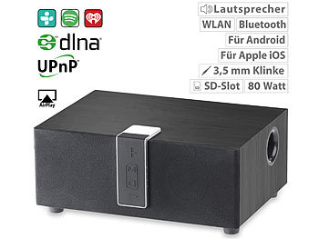 Stereo Lautsprecher: auvisio WLAN-Multiroom-Lautsprecher mit Subwoofer, BT, Airplay, 80 W, schwarz