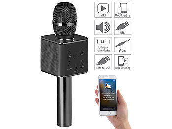 Karaoke Mikro: auvisio Karaoke-Mikrofon mit Bluetooth, MP3-Player, Lautsprecher und Akku