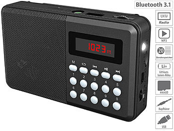 Radio mit USB: auvisio FM-Taschenradio, Bluetooth, MP3-Player, Display, USB, microSD & Akku