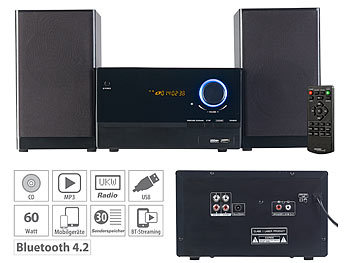 Micro HiFi: auvisio Micro-Stereoanlage, CD-Player, Radio, MP3-Player, Bluetooth, 60 Watt
