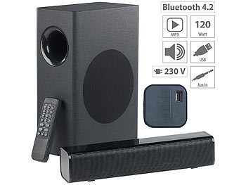 Box mit Fernbedienung, Bluetooth: auvisio 2.1-Soundbar, externer Subwoofer, Bluetooth, Fernbedienung, 120 Watt