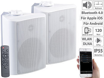Außenlautsprecher: auvisio Aktiv-Multiroom-Stereo-Außen-Lautsprecher, WLAN, Bluetooth, 120W, IP55