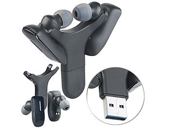 Wireless-Kopfhörer: auvisio True Wireless In-Ear-Headset mit USB-Ladehalterung und Bluetooth 4.1
