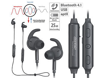 in Ear Stereo Kopfhörer: auvisio ANC Stereo-In-Ear-Headset, Bluetooth aptX, Geräusch-Unterdrückung 25dB
