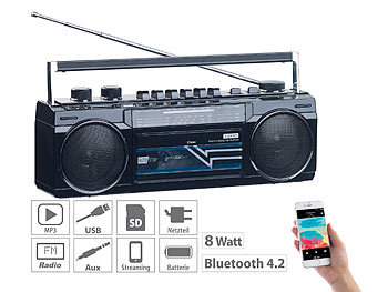 MP3 Radiorecorder: auvisio Retro-Boombox mit Kassetten-Player, Radio, USB, SD & Bluetooth, 8 Watt