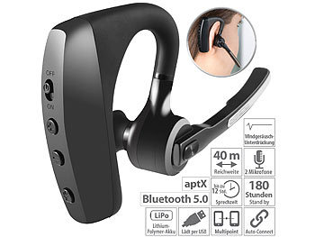 Headset 5.0, Bluetooth: Callstel Headset, Bluetooth 5, aptX, 2 HD-Mikrofone, Windgeräusch-Unterdrückung