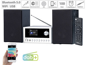 Micro Stereo Anlage: auvisio Micro-Stereoanlage mit Webradio, DAB+, FM, CD, Bluetooth, USB, 100 W
