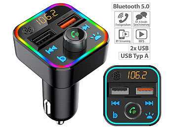 Transmitter Auto: auvisio Kfz-FM-Transmitter mit Bluetooth 5, Freisprecher, MP3, 2 USB-Ladeports