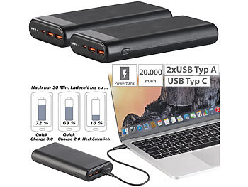 Notebook Powerbank: revolt 2er-Set USB-Powerbank mit 20 Ah, Quick Charge u. USB C PD bis 65 Watt
