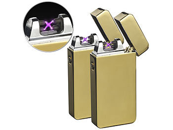 USB-Plasma-Feuerzeug: PEARL 2er Pack Elektronisches USB-Feuerzeug mit Akku, golden