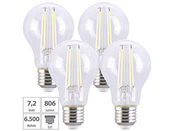 Leuchtmittel E27: Luminea 4er-Set LED-Filament-Lampe E27 7,2W (ersetzt 60W) 806lm tageslichtweiß