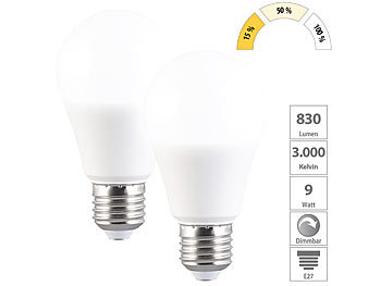 LED Tageslichtlampe E27: Luminea 2er-Set LED-Lampe E27 9W (ers. 75W) 3-stufig dimmbar 830lm tageslicht