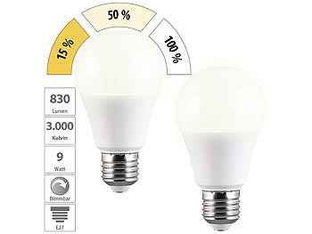Glühbirne dimmbar: Luminea 2er-Set LED-Lampe E27 9W (ers. 75W) 3-stufig dimmbar 830 lm warmweiß