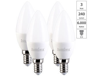 LED-Glühbirne E14-Kerze: Luminea 4er-Set LED-Kerzen E14, C37, 3W (ersetzt 30W), 240 lm, tageslichtweiß
