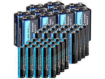 9 Volt Batterien: PEARL 50-teiliges Haushalts-Batterie-Set: 10x 9V-Block + 20x AAA + 20x AA