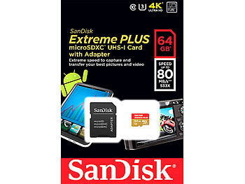 SanDisk 64 GB Extreme Plus microSDXC-Speicherkarte, 80 MB/s, UHS-I