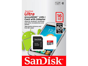 SanDisk Ultra microSDHC-Speicherkarte, 16 GB, 80 MB/s, Class 10 / UHS-I