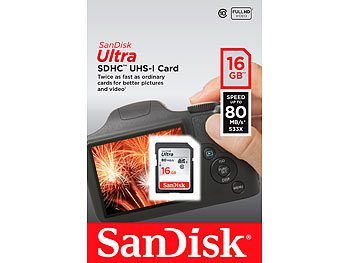 SanDisk 16GB Ultra SDHC-Speicherkarte, Class 10, 80MB/s, UHS U1