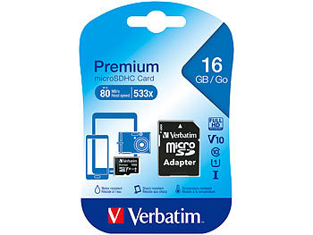 Verbatim Premium microSDHC-Speicherkarte 16 GB, 80 MB/s, Class 10, U1
