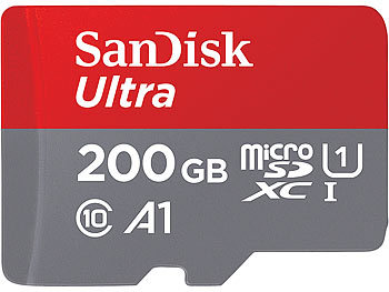 microSD: SanDisk Ultra microSDXC, 200 GB, 100 MB/s, Class 10, U1, A1, mit Adapter