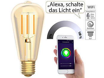 Wi Fi Lampen: Luminea Home Control LED-Filament-Lampe, komp. zu Amazon Alexa & Google Assistant, 2200 K