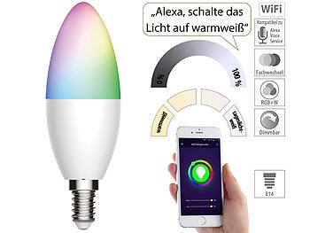 LED E14 dimmbar: Luminea Home Control WLAN-LED-Kerze, E14, RGB-CCT, 5,5 W (ersetzt 40 W), 470 lm, App