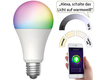 Luminea Home Control WLAN-LED-Lampe, E27, RGB-CCT, 9 W (ersetzt 75 W), F, 800 lm, App
