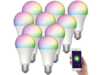 E27 LED dimmbar: Luminea Home Control 10er-Set WLAN-LED-Lampen, E27, RGB-CCT, 9W (ersetzt 75W), F, 80lm, App