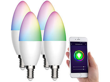 WiFi Glühbirne E14: Luminea Home Control 4er-Set WLAN-LED-Kerze, E14, RGB-CCT, 5,5 W (ersetzt 40 W), 470lm, App