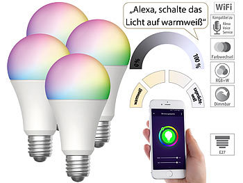 WLAN Birne: Luminea Home Control 4er-Set WLAN-LED-Lampen, E27, RGB-CCT, 9W (ersetzt 75W), F, 800lm, App
