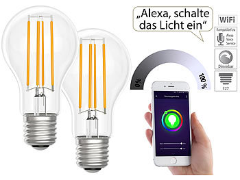 E27 LED Filament: Luminea Home Control LED-Filament-Lampe, komp. zu Amazon Alexa / GA, 2700 K 2er-Set