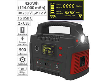 Akku Powerstation: revolt Powerstation & Solar-Generator mit 420 Wh, 230 V, 12 V, USB, 600 Watt