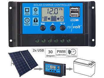 Laderegler 12V: revolt Solar-Laderegler für 12/24-V-Akkus, PWM-Lademodus, 2 USB-Ports, 30 A