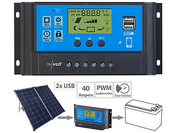 Solar Controller: revolt Solar-Laderegler für 12/24-V-Akkus, PWM-Lademodus, 2 USB-Ports, 40 A