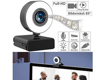 USB Kamera: Somikon Full-HD-USB-Webcam mit LED-Ringlicht, Autofokus, Dual-Mikrofon, H.264