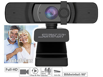 Webcam für PC: Somikon Full-HD-USB-Webcam mit Autofokus und Dual-Stereo-Mikrofon, 60 B./Sek.