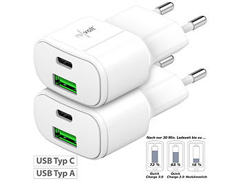 USB C Ladegeräte: revolt Ultrakompakt. USB & Noteb.-Netzteil, USB-C/A, QC, PD, 30W, weiß 2er