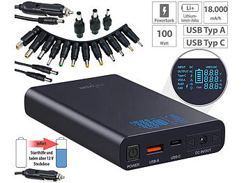 Powerbank 19V: revolt USB-Powerbank mit 18 Ah, DC 3 - 24 V, Starthilfe, QC & USB-C PD, 160 W