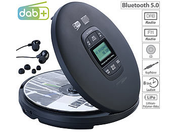 portable CD Player: auvisio Tragbarer CD-Player, DAB+ Radio, Bluetooth, Akku, Ohrhörer, Anti-Shock