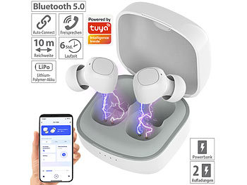 Earbuds: auvisio In-Ear-Stereo-Headset, Bluetooth 5, Ladebox, 18 Std. Spielzeit, App