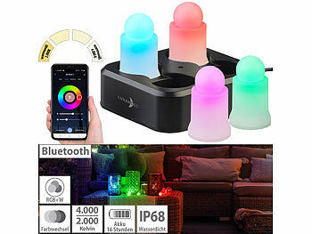RGB Kerzen: Lunartec 4er-Set wetterfeste LED-RGBWW-Kerzen mit Akku und Ladeschale, App